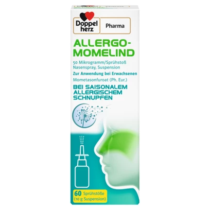 Abbildung der Produktverpackung DoppelherzPharma ALLERGO-MOMELIND 50 Mikrogramm/Sprühstoß Nasenspray, Suspension Frontansicht